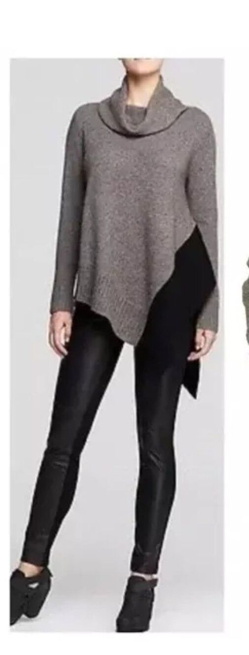 Eileen Fisher $248 Taupe Black Yak Merino Wool Poncho Turtleneck Sweater Sz S